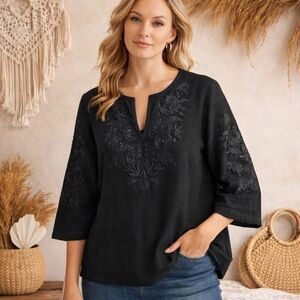 SOFT SURROUNDINGS PALATINA SPLIT NECK TOP BLACK SZ PL